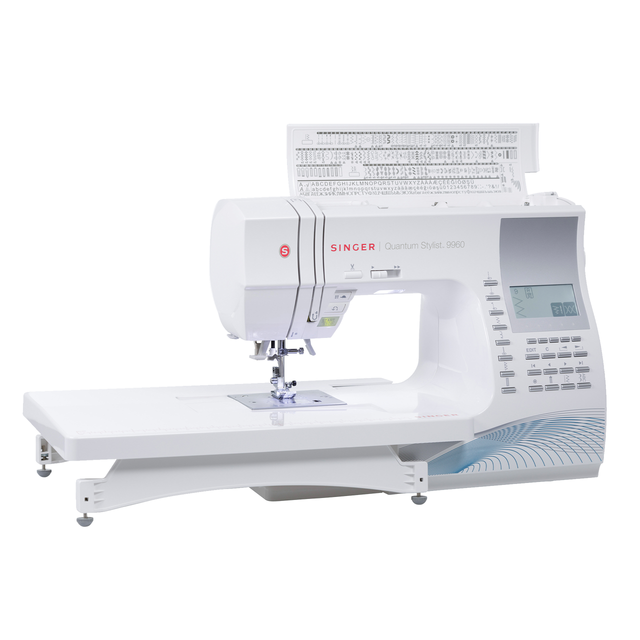 SINGER 9960 Quantum Stylist with extension table and lid open