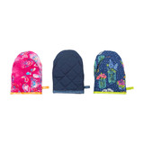 Three fabric cutting mitts featuring vibrant and patterned designs.