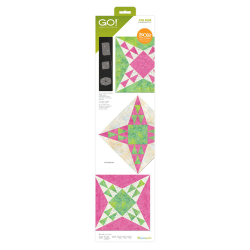 Go fabric cutting die set with colorful quilt pattern designs on display.