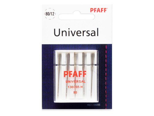 Tray of universal sewing machine needles in assorted sizes on white surface