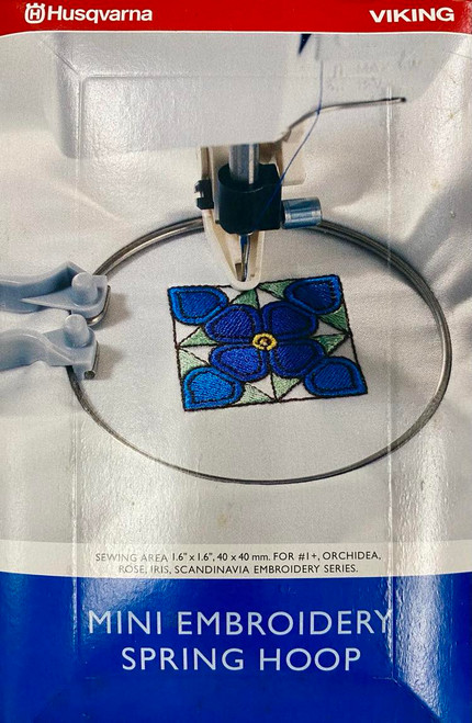Mini spring embroidery hoop blue green floral design yellow centre Husqvarna Viking