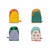 Colorful fabric mittens arranged in a grid pattern on a white background.