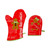 Red oven mitts with gingerbread designs and recipe text details.