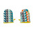 Two colorful geometric fabric mitts facing upward on a white background.