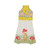 Colorful fabric apron cut and stitched with floral and mushroom patterns.