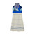 Blue and white fabric cloth with geometric patterns and a button accent.
