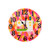 Colorful clock with a sewing machine graphic on a patterned fabric background.