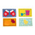 Colorful fabric samples with various playful designs and shapes.
