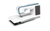 Modern white sewing machine with digital controls and fabric guide attachment.