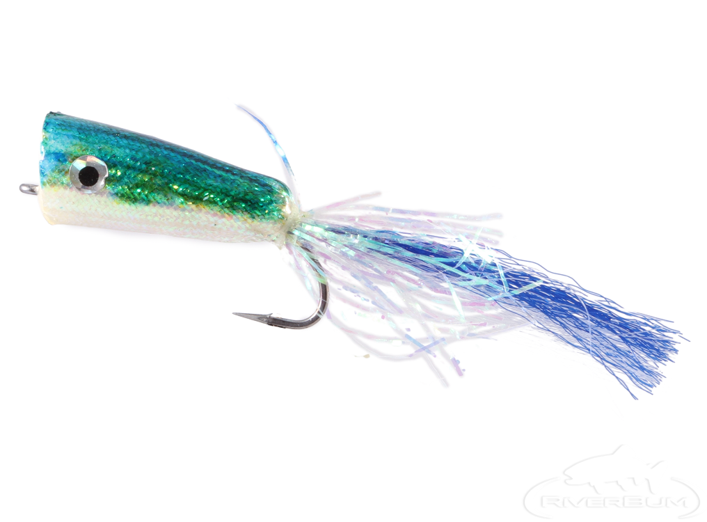 big white and blue popper fishing lure Pearly Popper, Blue-White