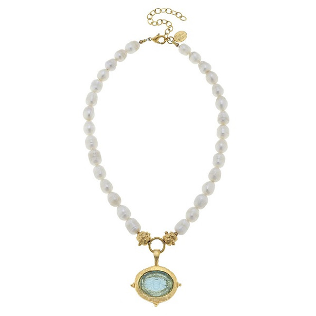 Aqua Venetian Glass Bee Intaglio on Genuine Freshwater Pearl Necklace by Susan Shaw