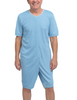 LIGHT BLUE-Unisex anti‑strip dignity onesie, front view, short‑leg zipper hidden for discreet hygiene access