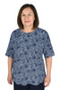 Women’s adaptive back‑snap printed knit top in navy floral, front view-Size L