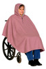 Adaptive wheelchair poncho with shortened back for wheel clearance, pink color