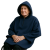 Navy fleece wheelchair poncho with hood and Sherpa lining.