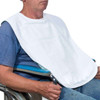 White terry cloth adult bib with snap closure.