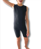 BLACK Front view of unisex short‑leg adaptive bodysuit with back zipper
