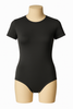 BLACK Front view of short‑sleeve anti‑strip bodysuit with between‑leg snaps