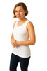 WHITE Front view of sleeveless sensory‑friendly HUG shirt