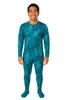 Teal Camo; Long‑sleeve footed anti‑strip bodysuit in teal camouflage with a secure back‑zipper design, shown front‑facing.  