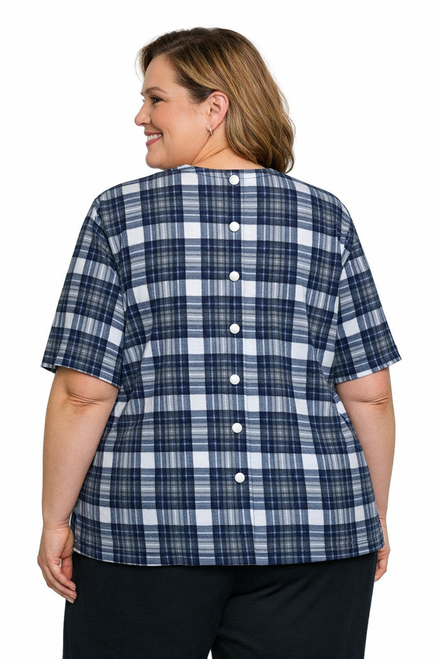 Back View of Adaptive plaid short‑sleeve knit top with center‑back snaps, sizes 4X and 6X