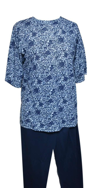 Women’s adaptive back‑snap printed top and pant set in navy mini floral