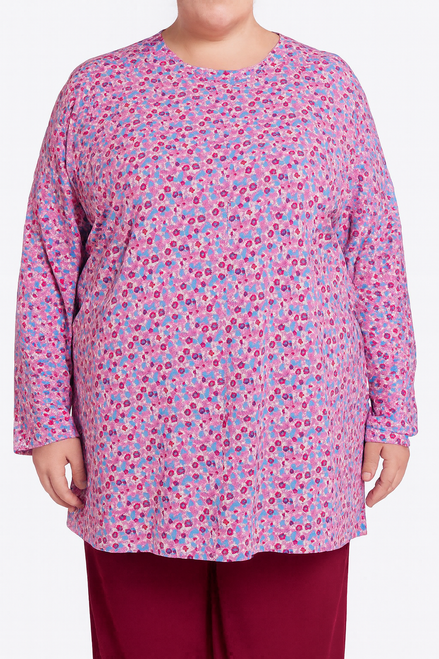 Back snap adaptive long sleeve knit top in pink and red mini floral, size 6X