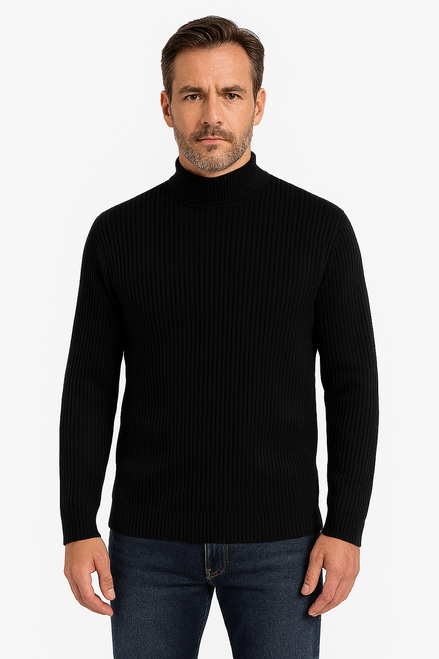 Men’s fine ribbed cotton pullover sweater in black