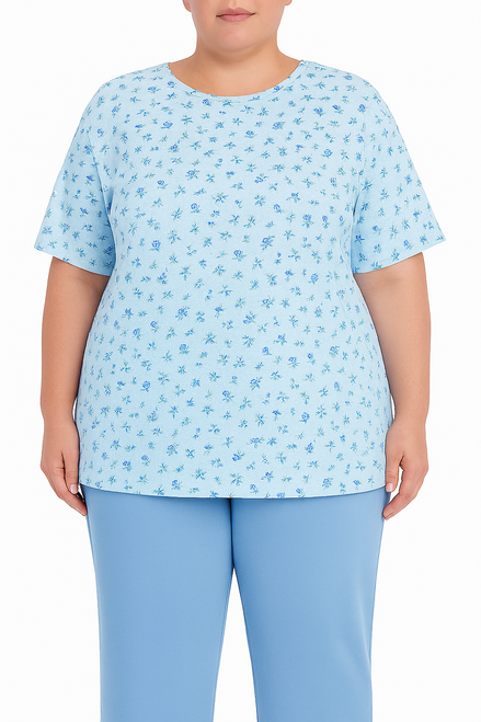 Short sleeve back-snap top with elastic waist pants, blue rose print, size 6X