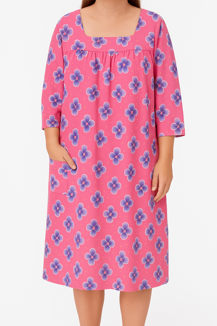 Hot Pink: Loose Float Style Gathered Dress in hot pink with lilac floral print, front view Muu Muu