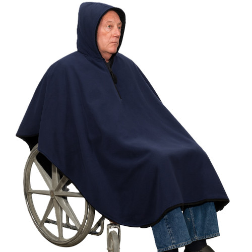 Black hooded wheelchair poncho with warm Sherpa lining, side angle
