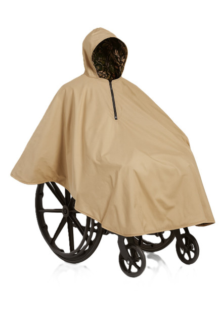 Adaptive water‑repellent wheelchair poncho with shortened back for wheel clearance