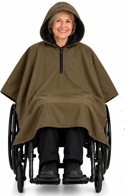 Brown Water‑Repellent Hooded Wheelchair Poncho Cape with Black Sherpa  Fleece Lining