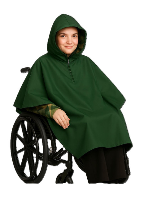 GREEN Water Repellant Hooded Wheelchair Poncho Cape with  Polar Fleece Lining