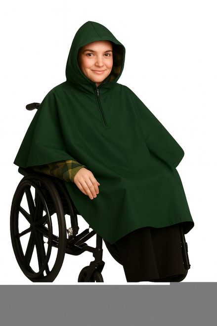 Water-repellent hooded wheelchair poncho with warm polar-fleece lining