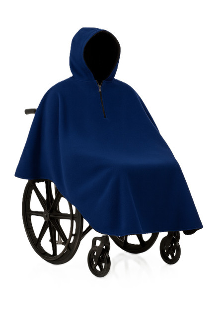 Front view of navy polar‑fleece‑lined wheelchair poncho