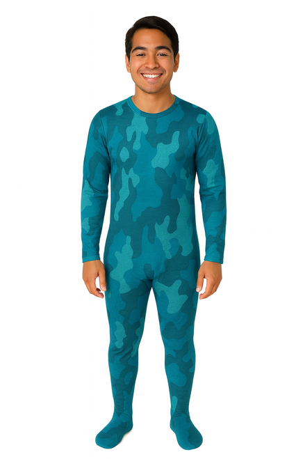 Teal Camo; Long‑sleeve footed anti‑strip bodysuit in teal camouflage with a secure back‑zipper design, shown front‑facing.  