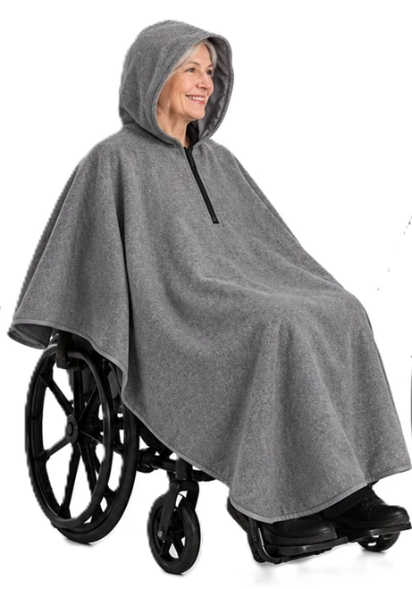 GREY Felted Hooded Wheelchair Poncho Cape with Water Repellent Lining