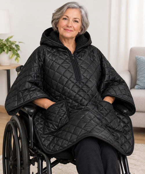 Quilted Adaptive Poncho with Hood – Warm Sherpa-Lined Black Cape with Zipper & Pockets