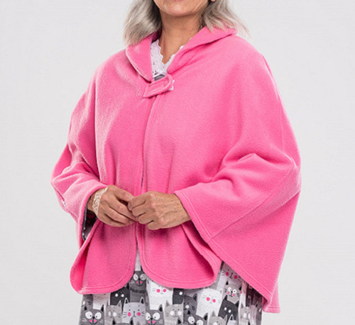 PINK: Bed Jacket-Polar fleece cape jacket draped over shoulders with one-button closure, shown in a soft, cozy fit.