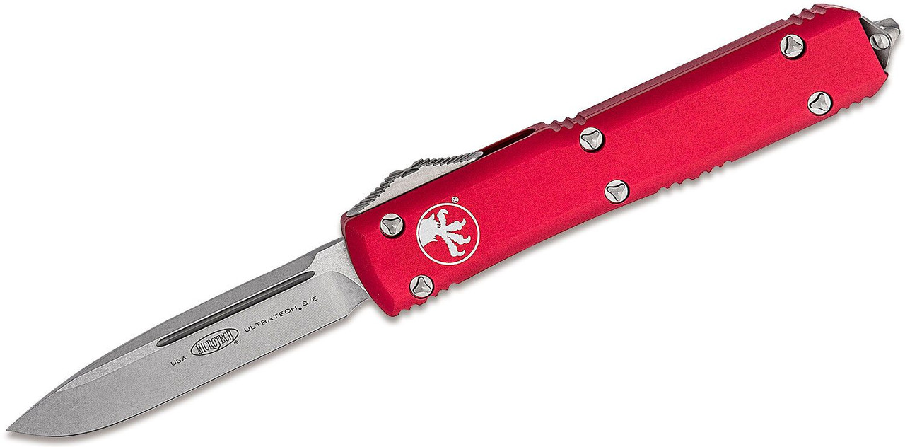 Microtech 121-10RD Ultratech AUTO OTF Knife 3.46" Stonewashed Plain Drop  Point Blade, Red Aluminum Handles