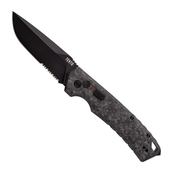 Tekto Knives A3 Delta Crushed Carbon Handle Black D2 Serrated Blade