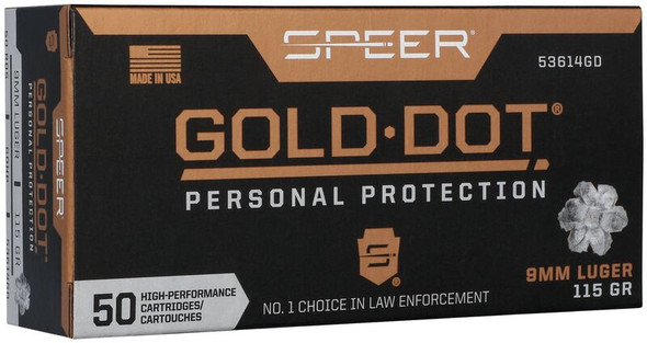 Speer Gold Dot 9mm 115gr Hollow Point - 50 Rd Box, 53614, 53614GD, 076683536143