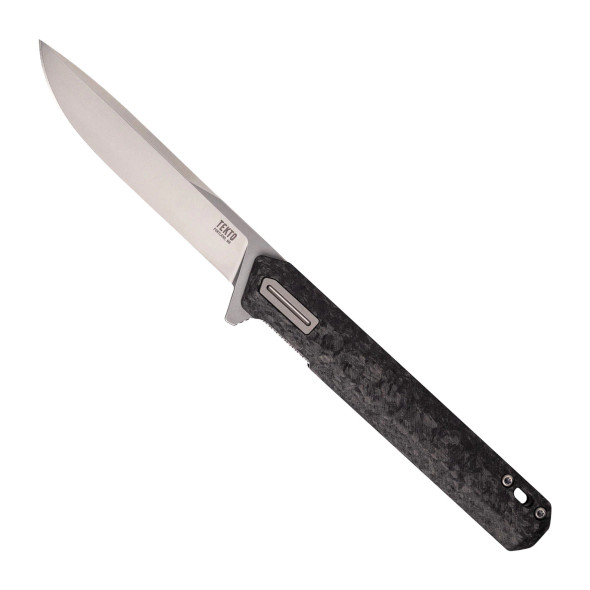 Tekto Knives F2 Bravo Folding Knife - D2 Steel Fine Drop Point Blade - Forged Carbon Handle & Silver Accents, F2R_CCBK_D2SI1_A4, 850034486789