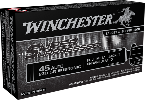 Winchester Super Suppressed .45 ACP 230gr Encapsulated FMJ - 50 Rd Box, SUP45, 020892224469