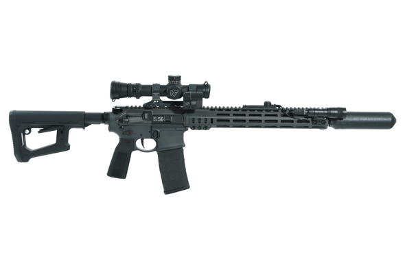 SOLGW MK1 RECCE 5.56 NATO Rifle 14.5" Pinned Barrel - Nightforce NX8 1-8x24 Riflescope & Offset Aimpoint ACRO P-2 Red Dot - HUXWRX FLOW 556Ti Suppressor Bundle