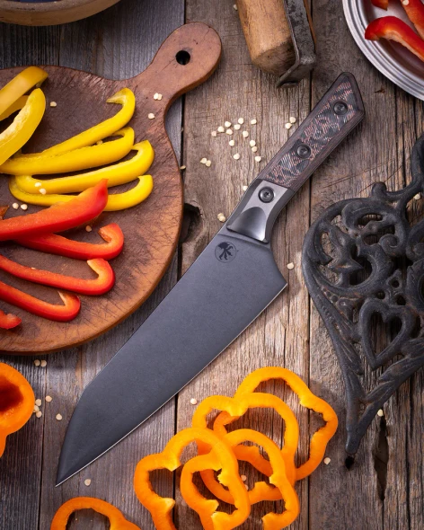 Microtech 8" Chef's Knife - Bronze Titanium Bolster/Livewire Carbon Fiber Handle - DLC Blade, 841768198741, 3000B-1DLCLWCFS