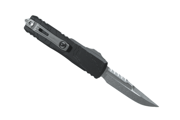 Microtech UTX-85 Gen IV Interceptor D/E - Black Deep Engraved Topo Handle - Stonewash Standard Blade Finish, 12354TP-10S, 810222582969