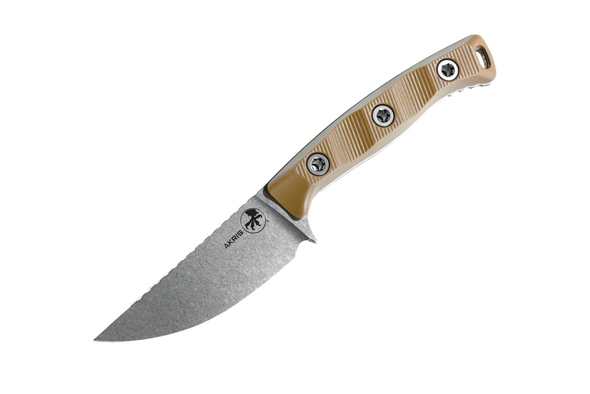 Microtech Akris - Tan G-10 Handle - Stonewash Standard - Chocolate Leather Sheath, 95-10DE-1, 810222581122