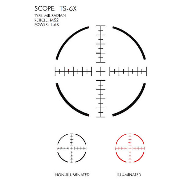 U.S. Optics TS-6X Riflescope 1-6x24mm, 30mm Tube, First Focal Plane, Digital Red Illuminated MS2 Reticle, Matte Black, TS-6X MS2 TS6XMS2